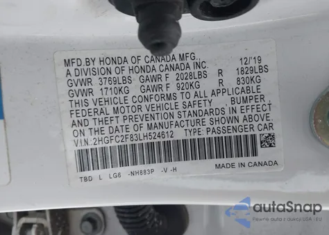 2020 Honda Civic Sport z USA, uszkodzony, nr VIN 2HGFC2F83LH524612